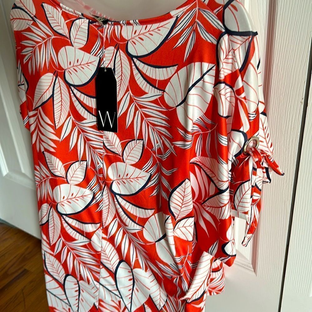 Floral Print Orange White Leaf Summer Palm Top Blouse Short Wrapper Small S NWT - Picture 3 of 9